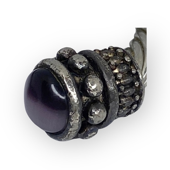 Vintage: Purple Cats Eye Cabochon Gems ❁ Twisted Silver Cable Bangle Bracelet ❁ - Picture 10 of 16
